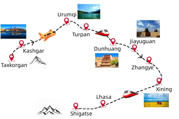 23 Days China Tour to Xinjiang, Silk Road and Tibet Travel Map 23 Days China Tour to Xinjiang, Silk Road and Tibet Travel Map