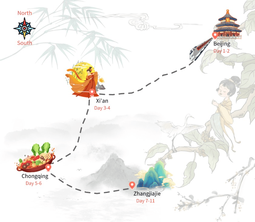 11 Days Tour from Beijing to Zhangjiajie with Xi'an and Chongqing 11 Days Tour from Beijing to Zhangjiajie with Xi'an and Chongqing