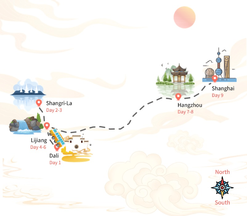 9 Days Tour from Dali to Shanghai, Lijiang, Shangri-La and Hangzhou 9 Days Tour from Dali to Shanghai, Lijiang, Shangri-La and Hangzhou